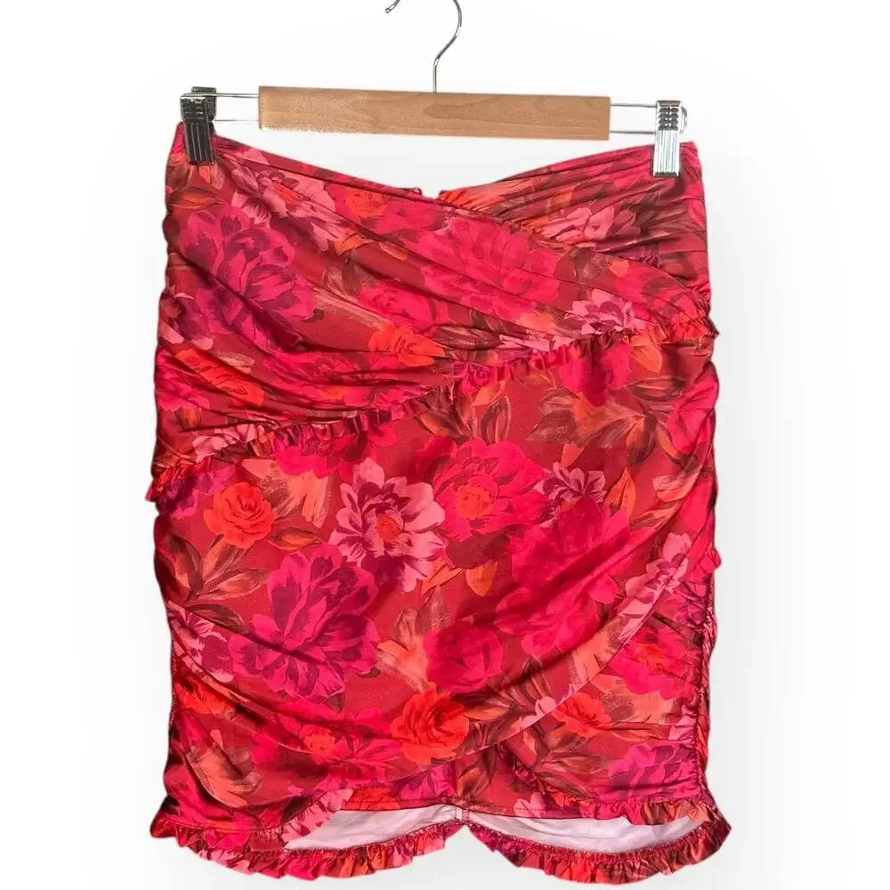FOR LOVE & LEMONS Alia Floral Satin Mini Skirt Red Ruched Ruffle Festival Club